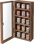 Wall mounted wooden collectible display case with open door and five shelves of mugs