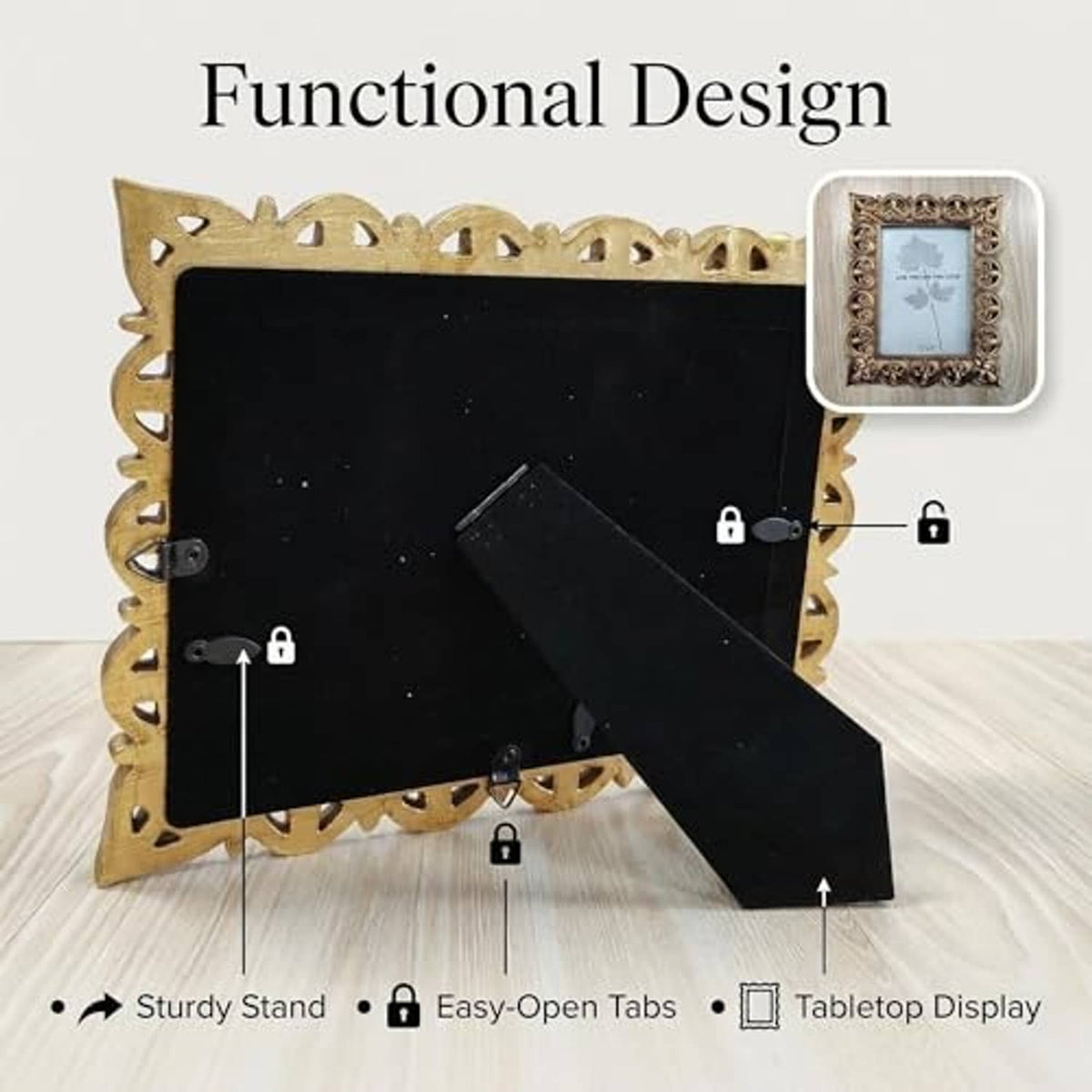 Antique gold photo frame stand with easy-open tabs on hinged back panel