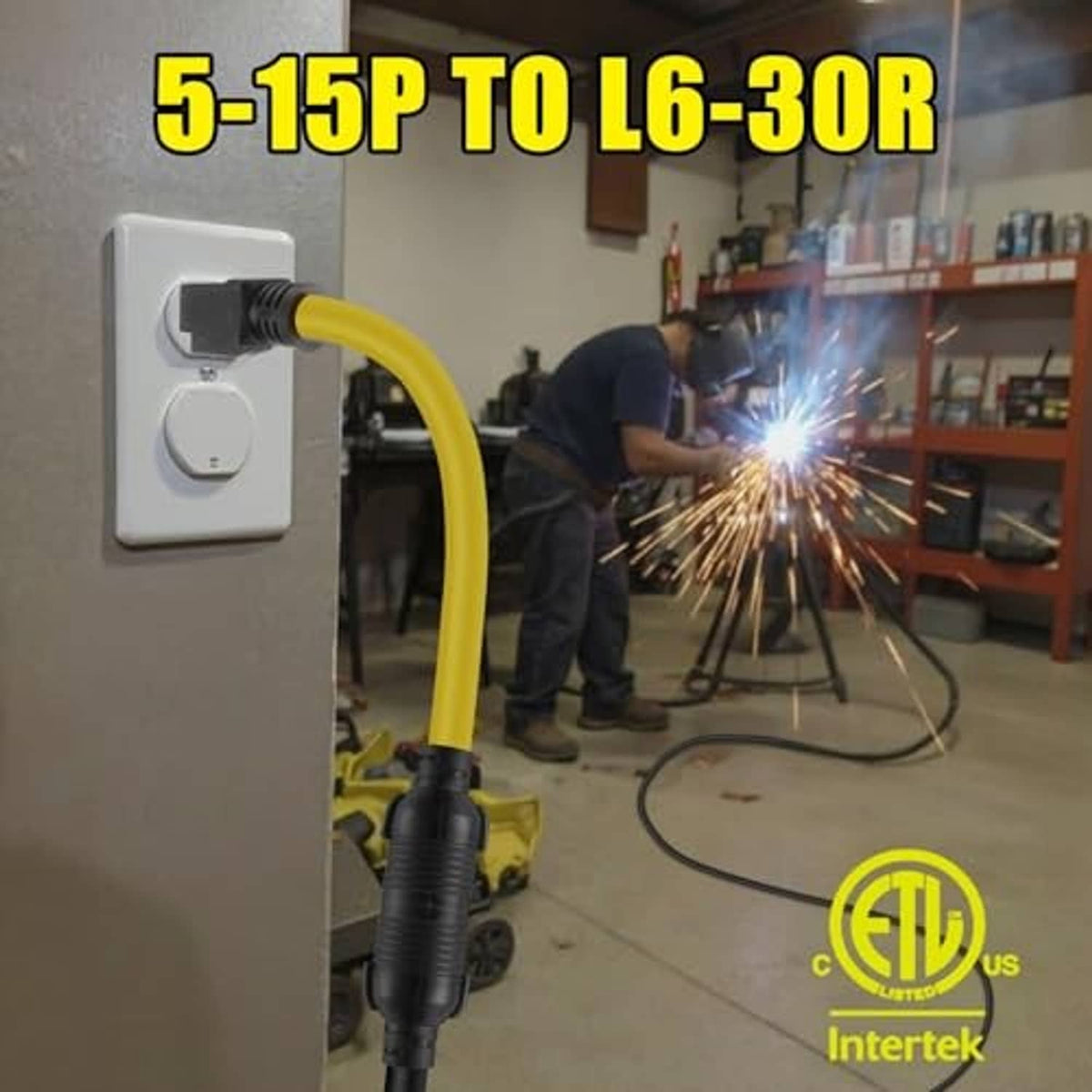 Yellow adapter cord plugged in at a wall outlet with black 5-15P to L6-30R connector