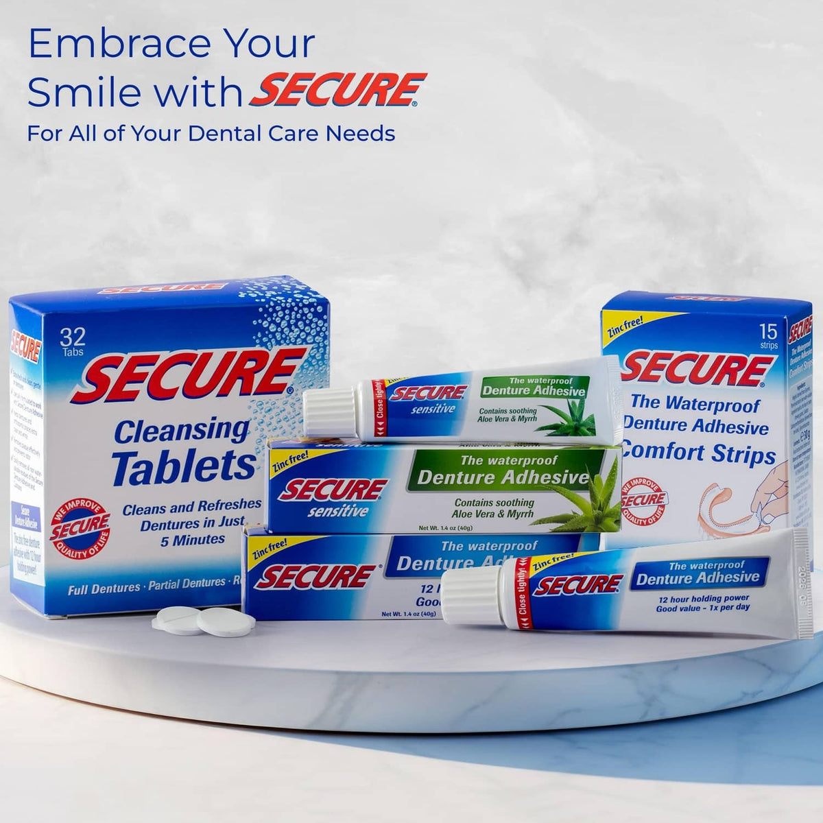 Secure denture care bundle with cleansing tablets boxes and waterproof adhesive tubes