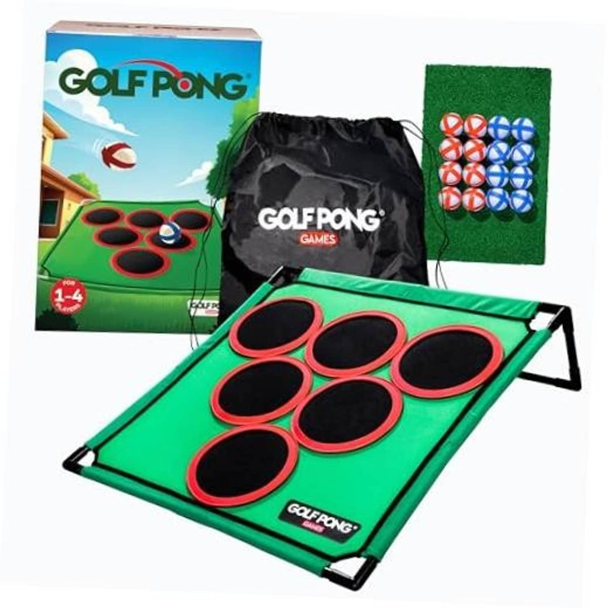 Portable golf pong board game with green target mat, black holes, red rings, and carry bag
