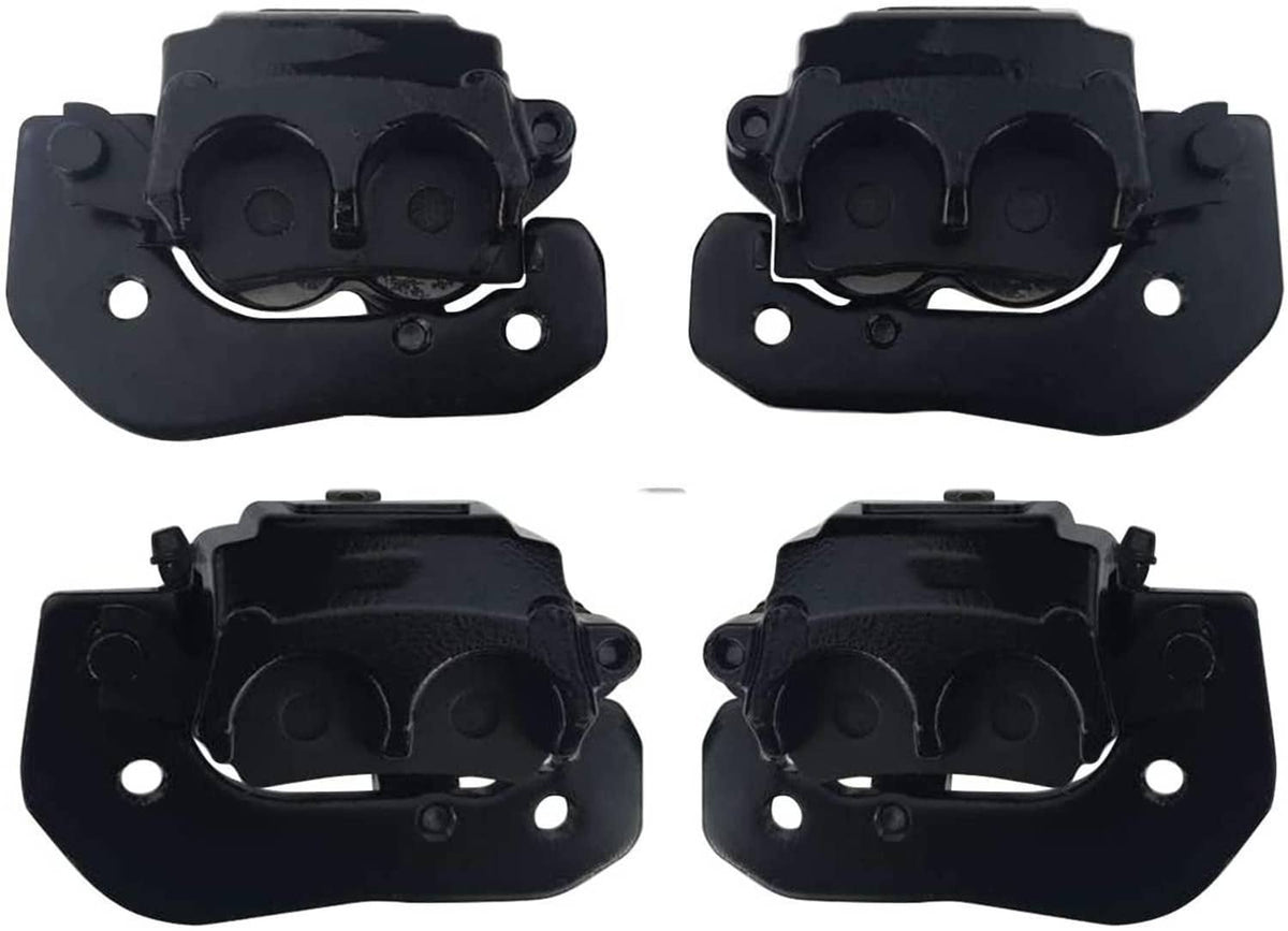Black brake caliper pair with curved pad area and round mounting holes