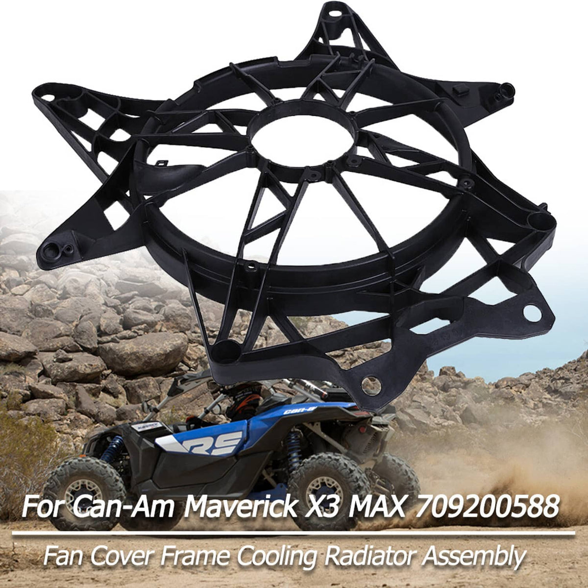 Black radiator fan cover frame assembly with circular grille and side mounting points
