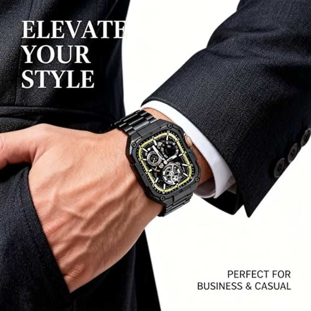 Black steel link watch on wrist with skeleton dial, worn with dark suit cuff