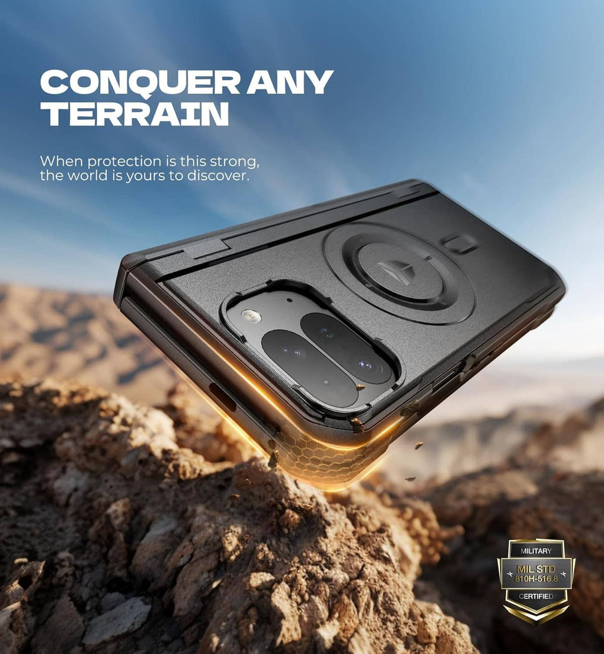 Rugged magnetic fold phone case lying on rocks, phone camera area and kickstand visible