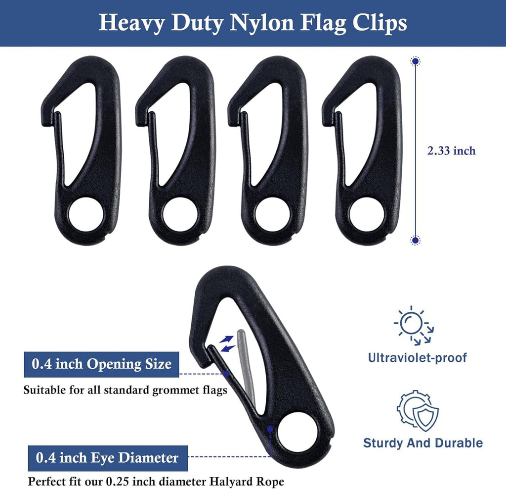 Black heavy-duty nylon flag clips, four-pack with large eye openings for flagpole halyard