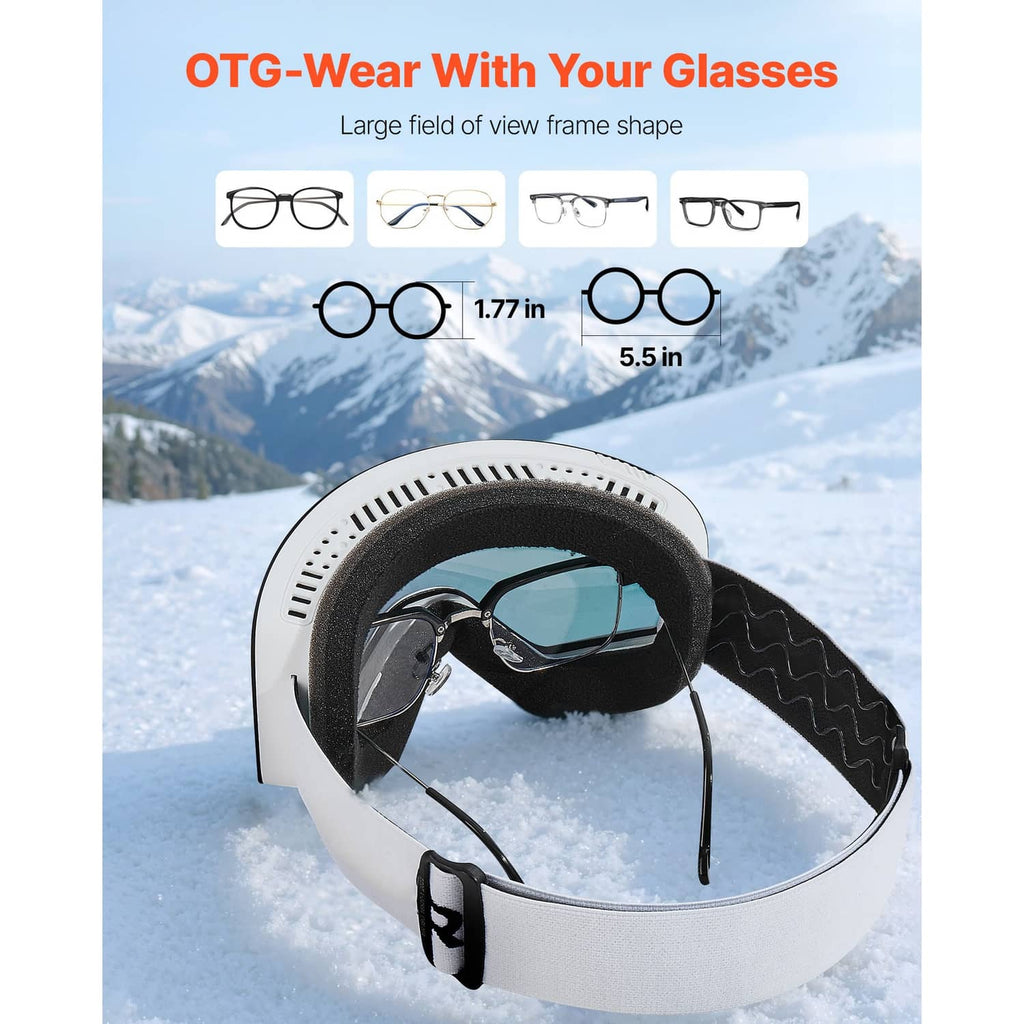 Ski goggles with white frame and black strap, OTG-compatible wide lens