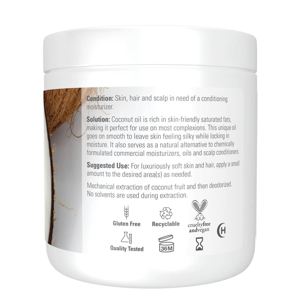 NOW Solutions coconut oil jar back label with usage info and icons on white container