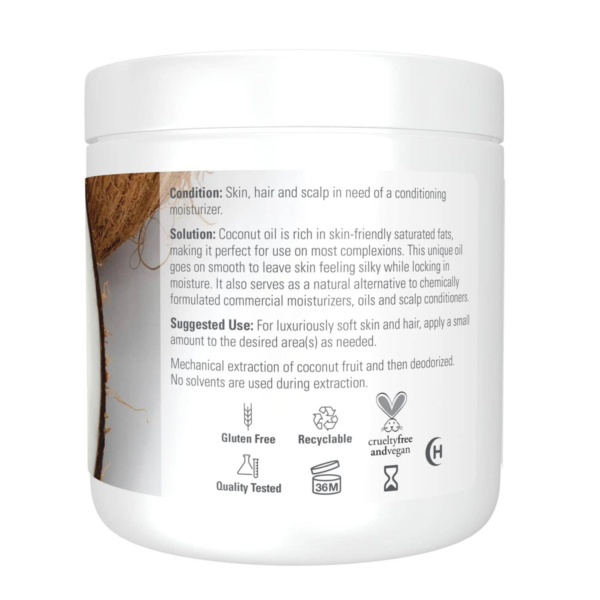 NOW Solutions coconut oil jar back label with usage info and icons on white container