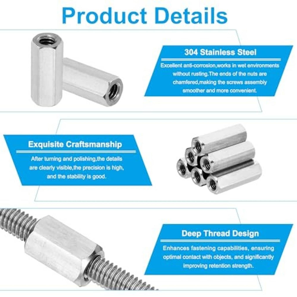 304 stainless steel coupling nut, hex body with internal threaded hole