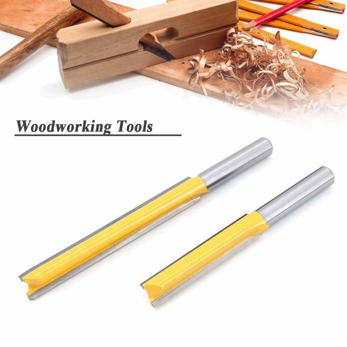 Two straight router bits with yellow double-flute cutters and silver metal shanks