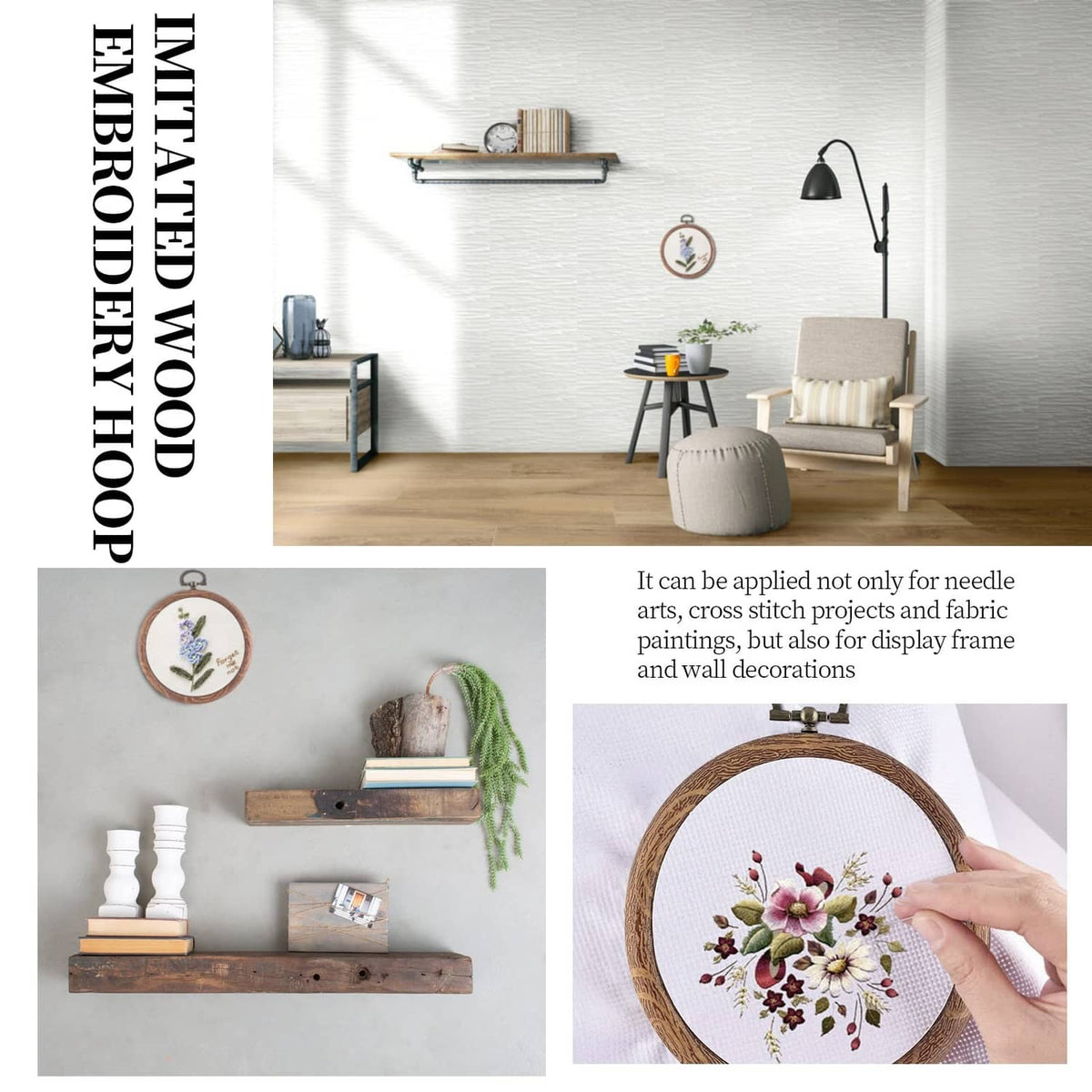 Embroidery hoop displaying colorful flower cross-stitch in a brown wood-look frame