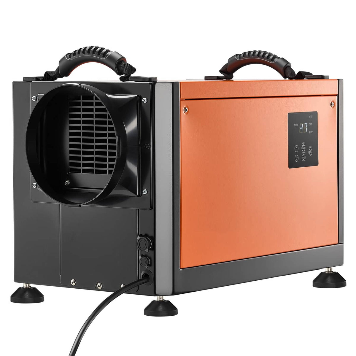Commercial dehumidifier with front air intake fan opening and orange control panel
