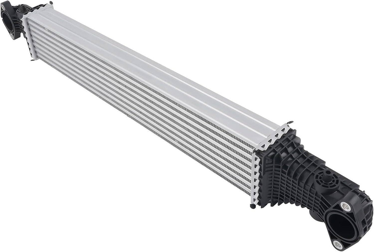 Aluminum fin intercooler with black plastic manifolds and mounting tabs on ends.