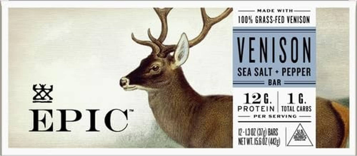 Epic Venison Sea Salt + Pepper Bar protein snack packet, 12g protein per bar