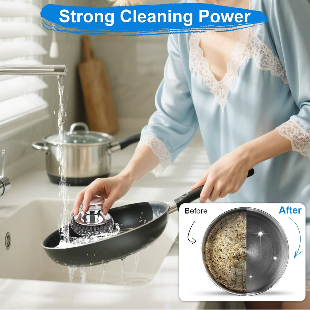 Stainless steel scrubber pad with silver handle for sink and pot cleaning