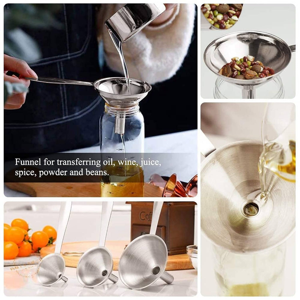 Metal funnel set with three cones and long spouts for transferring liquids into bottles