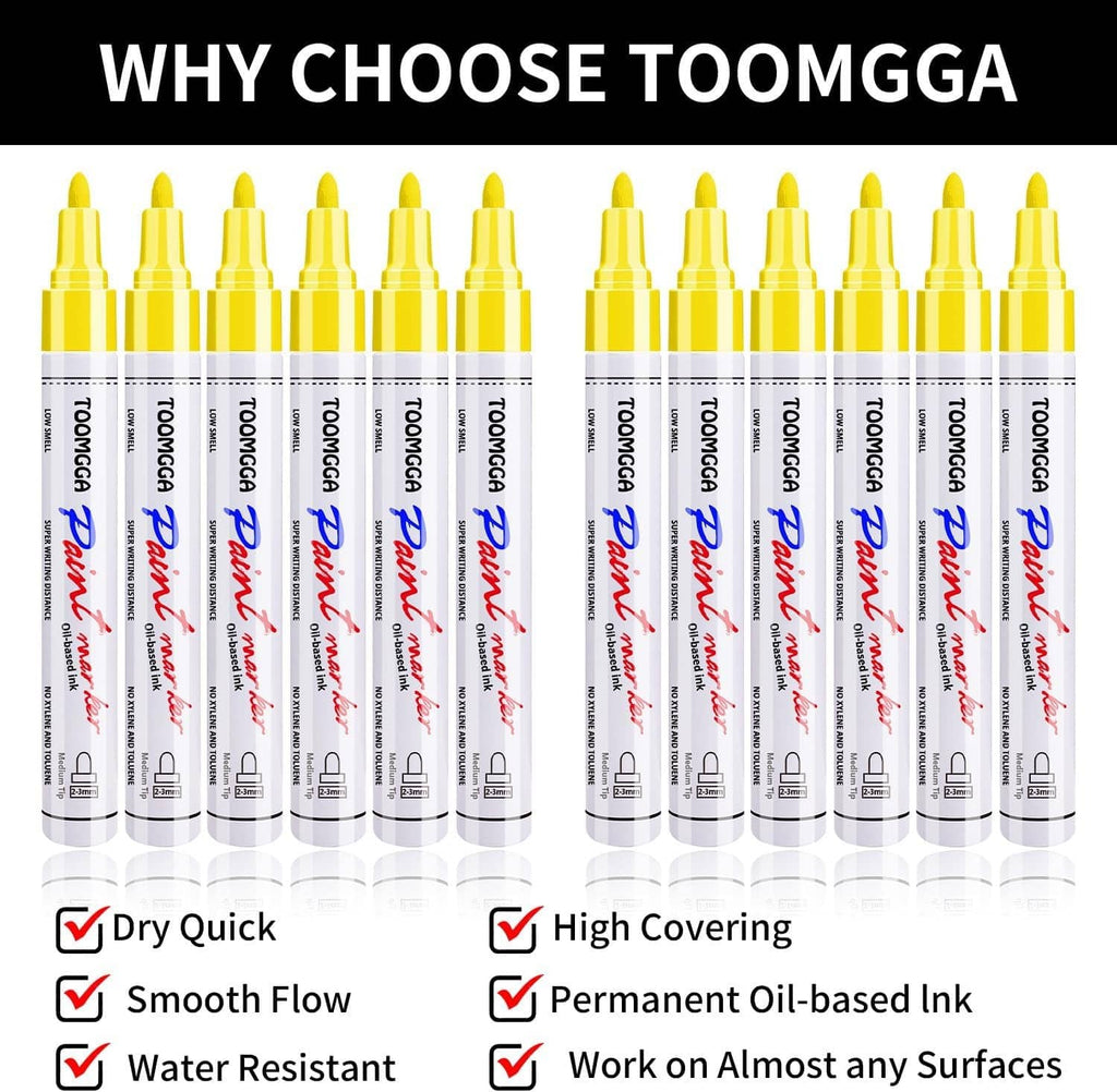 Pack of 12 yellow permanent paint markers with white barrels and blue branding