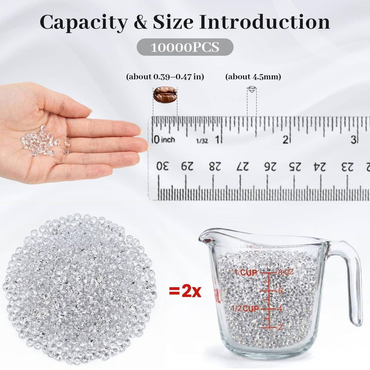 Clear faux rhinestone beads held in hand beside a ruler for size reference