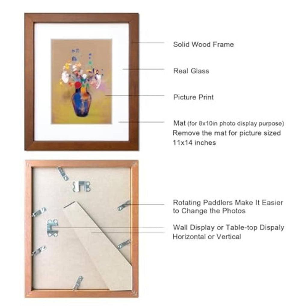 Back view of two brown solid-wood 11x14 picture frames with hanging hardware