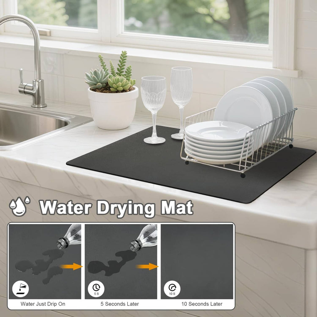 Deep gray waterproof dish drying mat, 12 x 19 in, flat counter surface