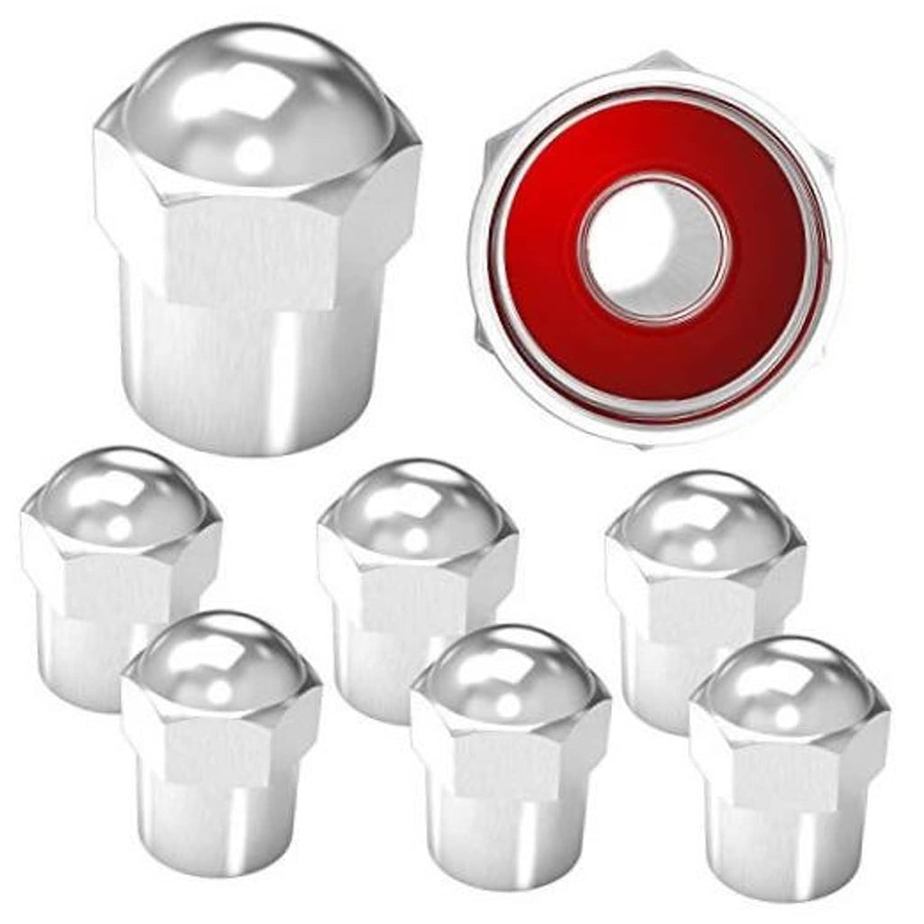 Set of metal tire valve stem caps with red rubber seal inserts, chrome finish