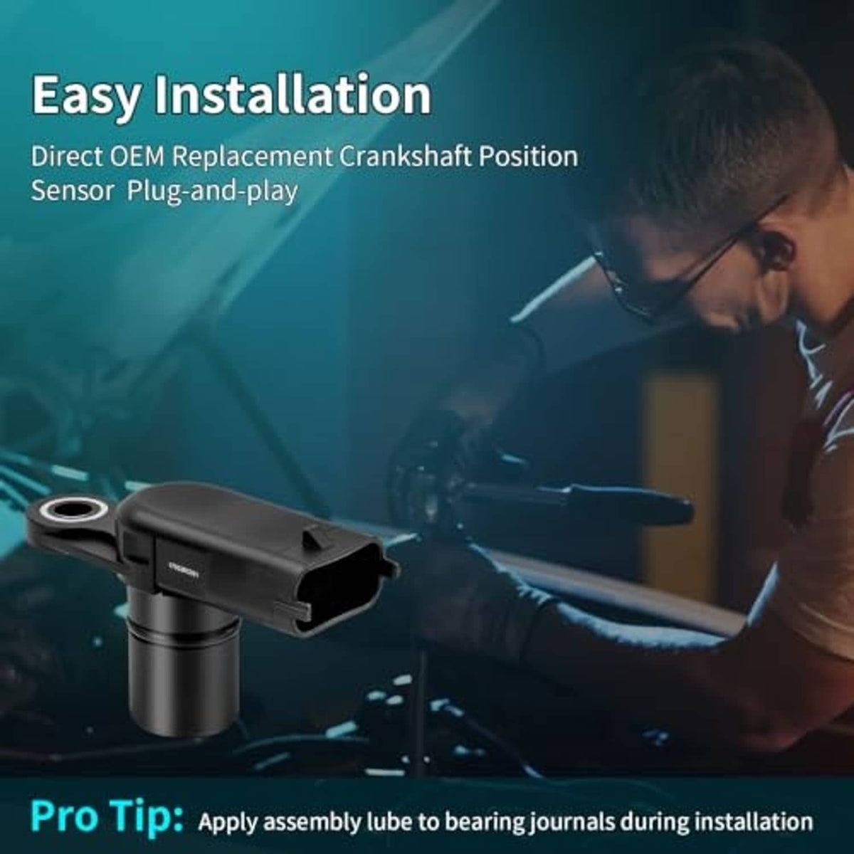 Easy installation infographic featuring a camshaft position sensor and a mechanic at work