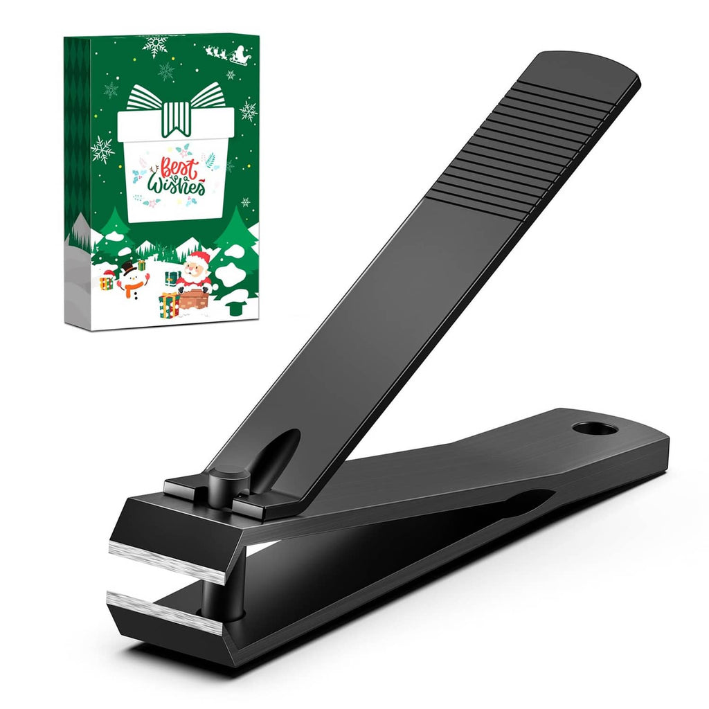 Black straight-edge toenail clippers with protective case, flat base design