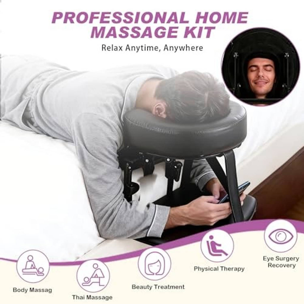 Black padded massage headrest with armrest supporting a person lying on a bed