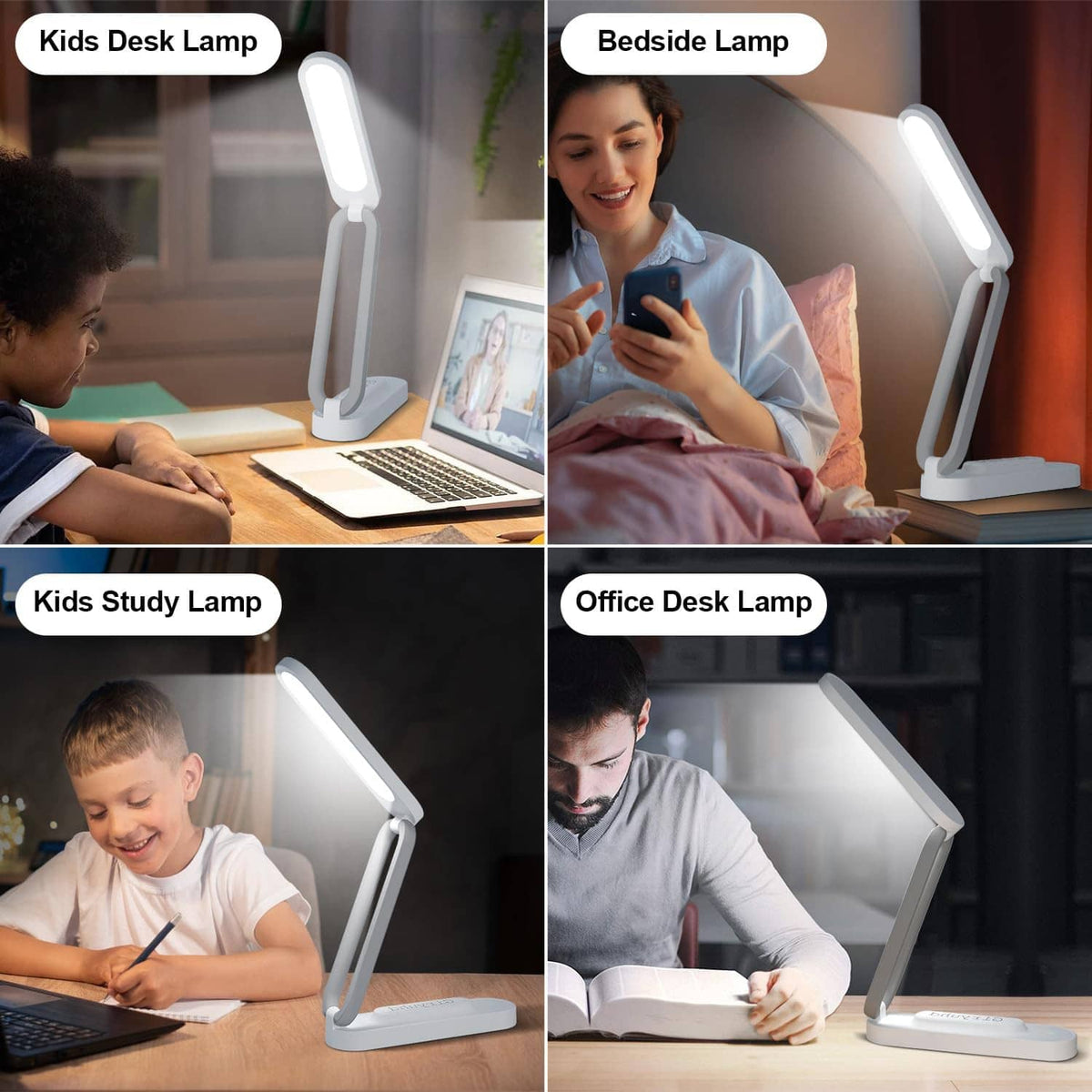 White foldable LED desk lamp shown for kids study, bedside, and office use