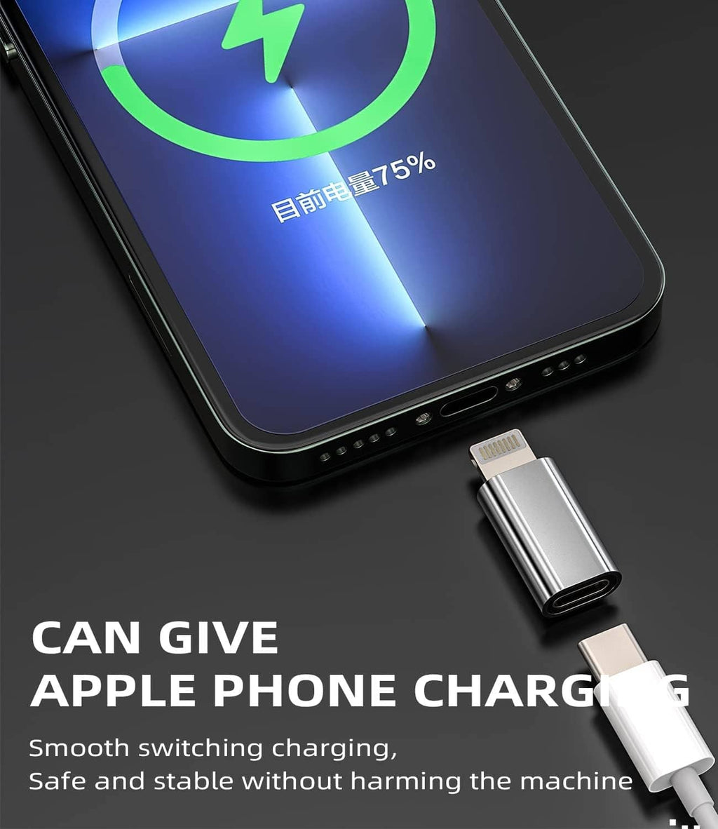 USB-C to Lightning adapter, silver metal body with Lightning plug near phone