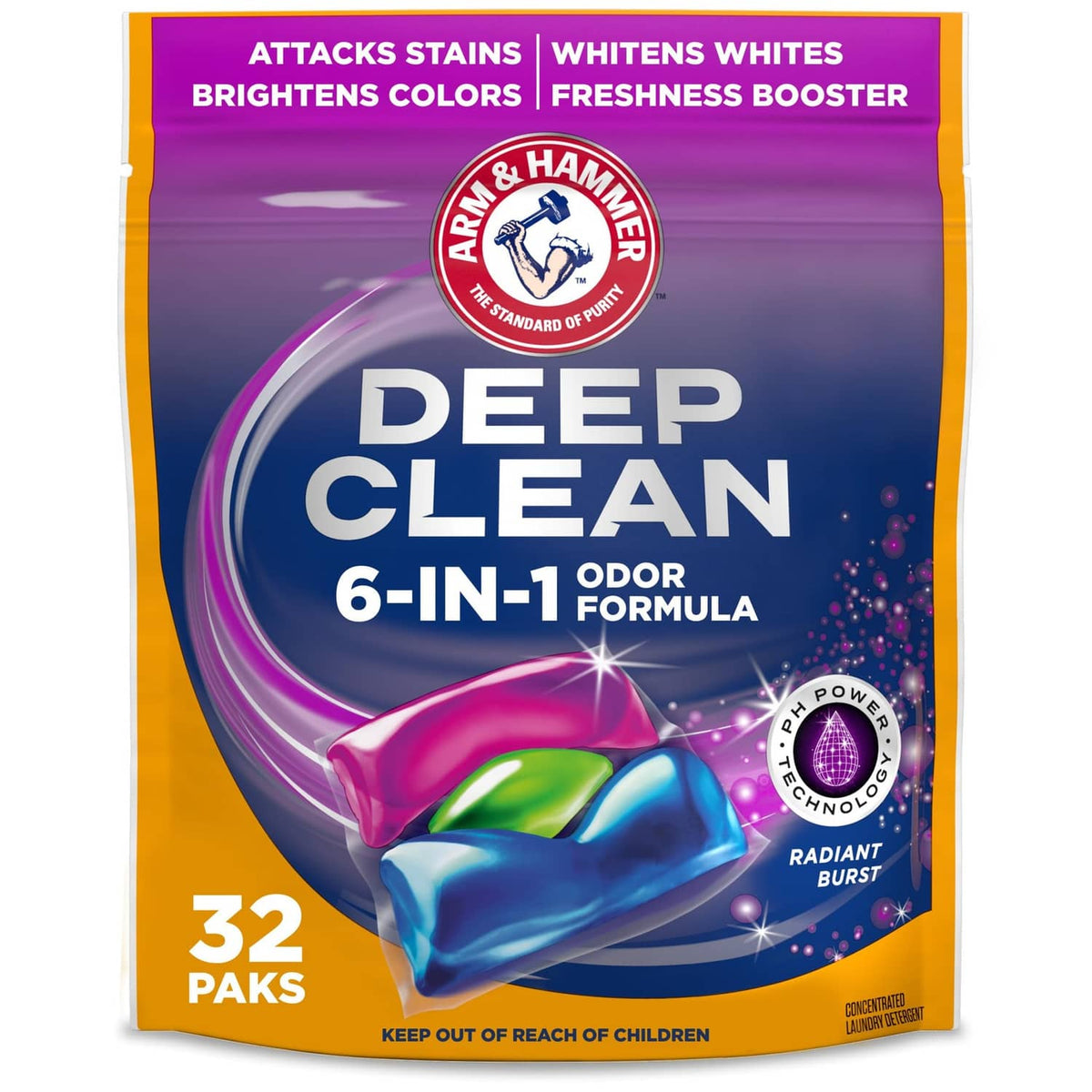 Deep Clean laundry detergent pouch, 6-in-1 odor formula, 32-count packs.