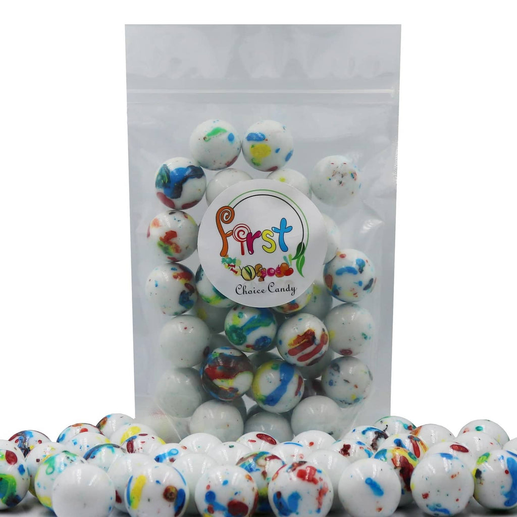 Bagged jawbreakers in clear pouch with Firstchoicecandy logo; white multicolor candies