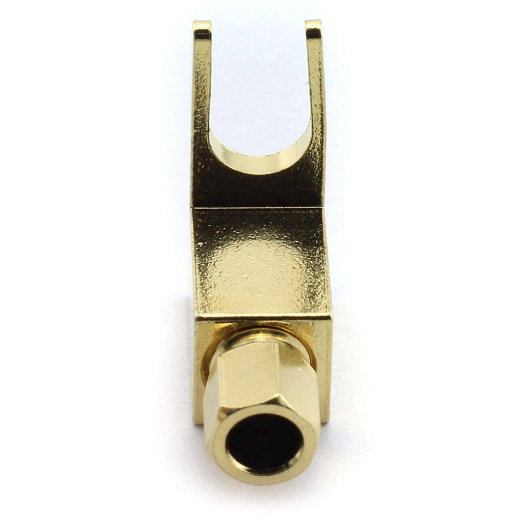 Gold U-shaped fork speaker cable adapter with threaded banana plug socket