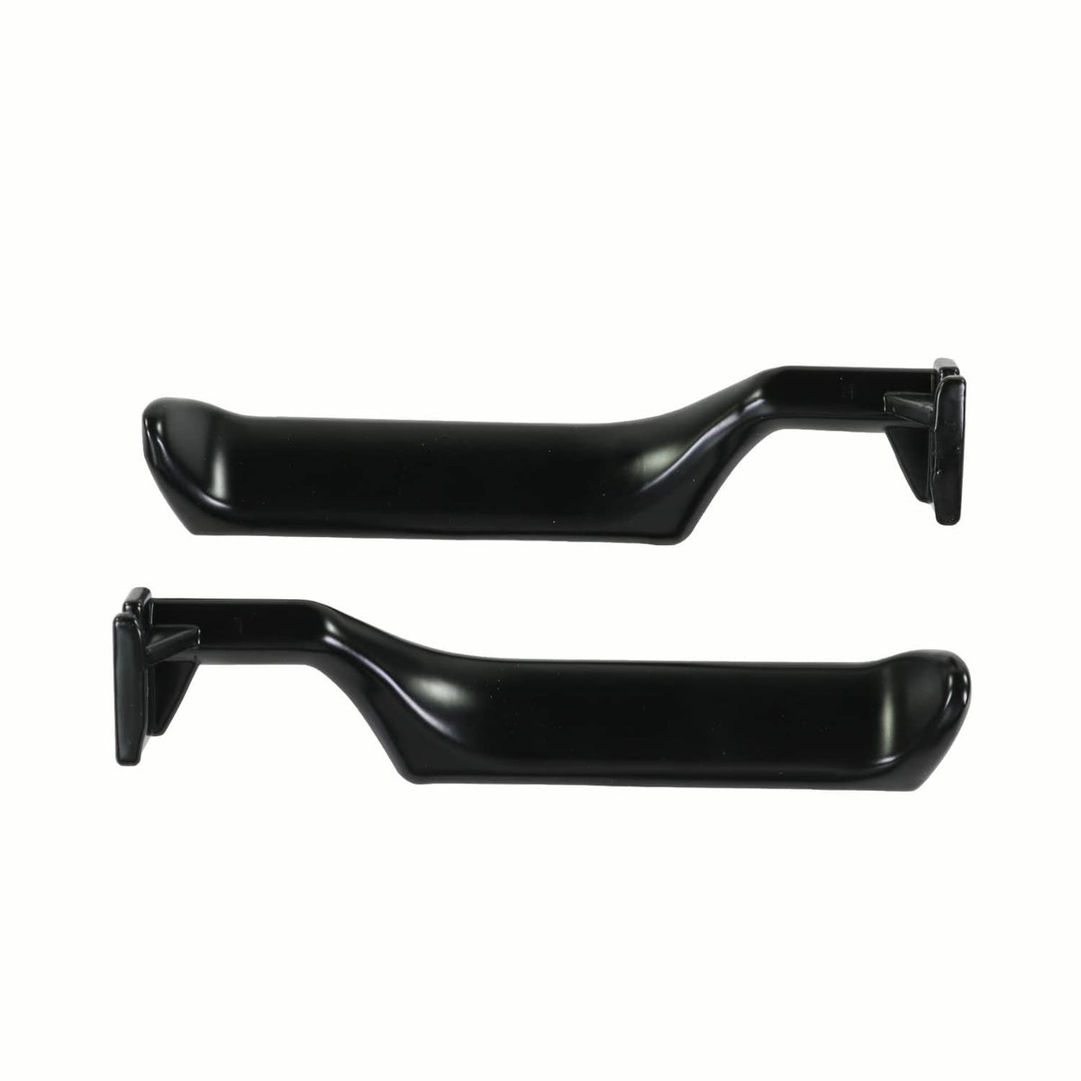 Two black interior door handles with mounting tabs, left and right