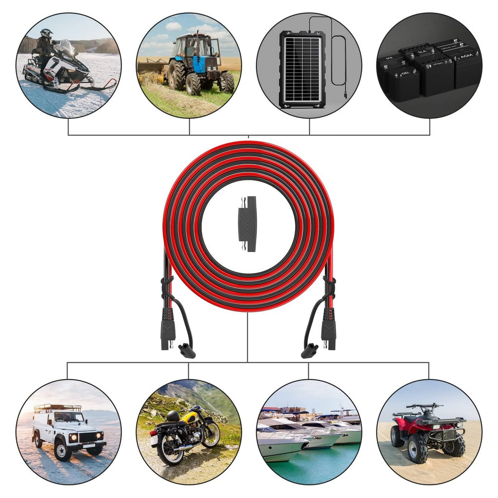Red and black SAE-to-SAE extension cable with quick-connect ends for vehicles