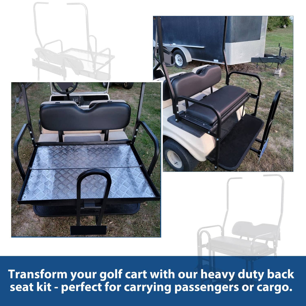 Golf cart rear flip seat kit shown in angles with black cushioned seat and platform