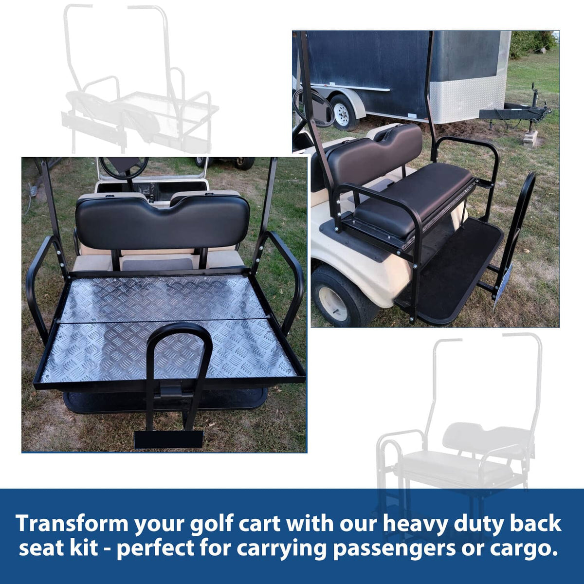 Golf cart rear flip seat kit shown in angles with black cushioned seat and platform