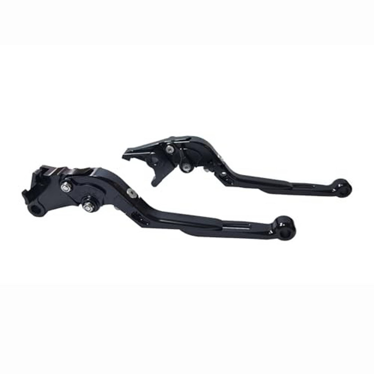 Black pair of motorcycle brake and clutch levers with angled arms and pivot bolts.