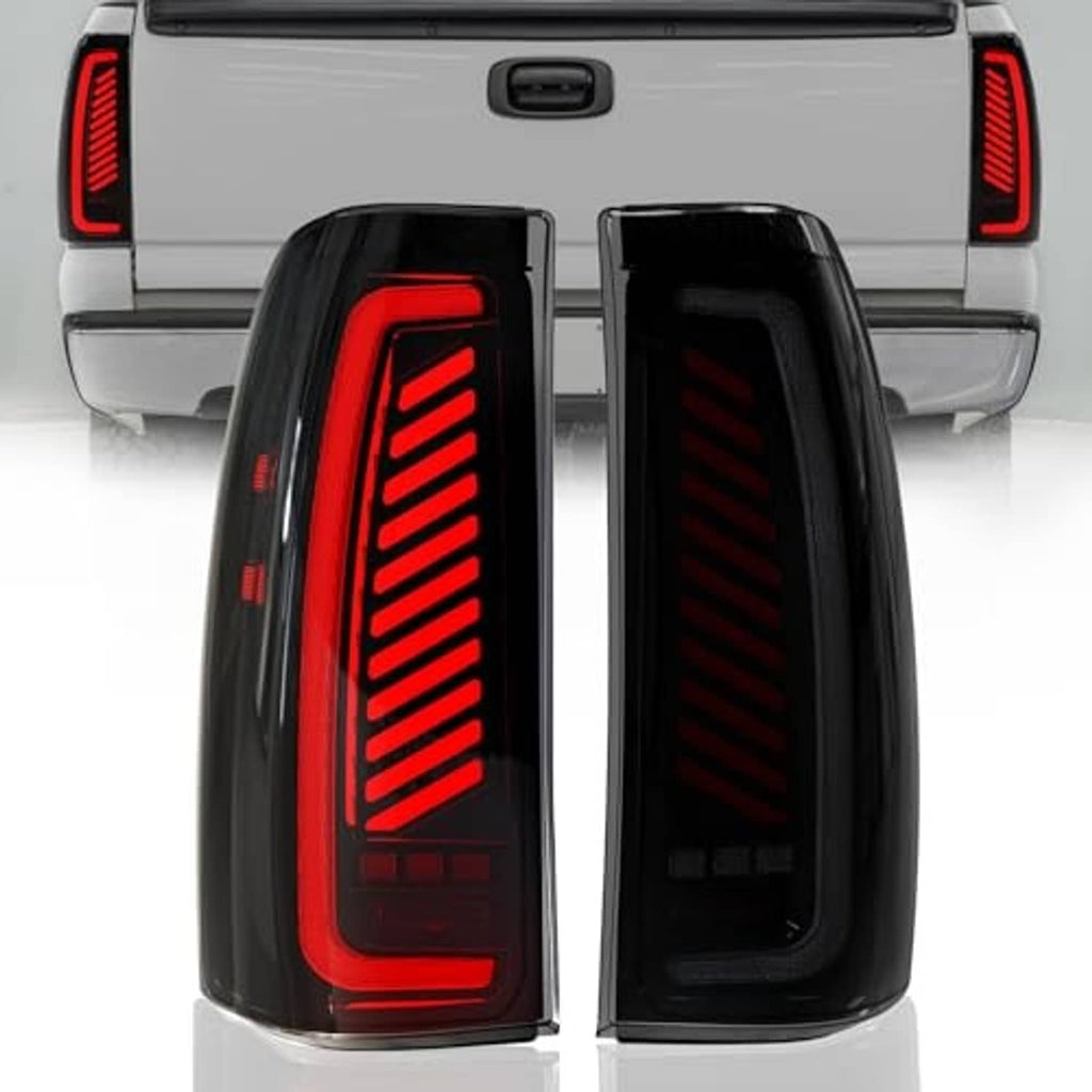Set of black tail lights with red vertical LED bar pattern and dark smoke lens cover