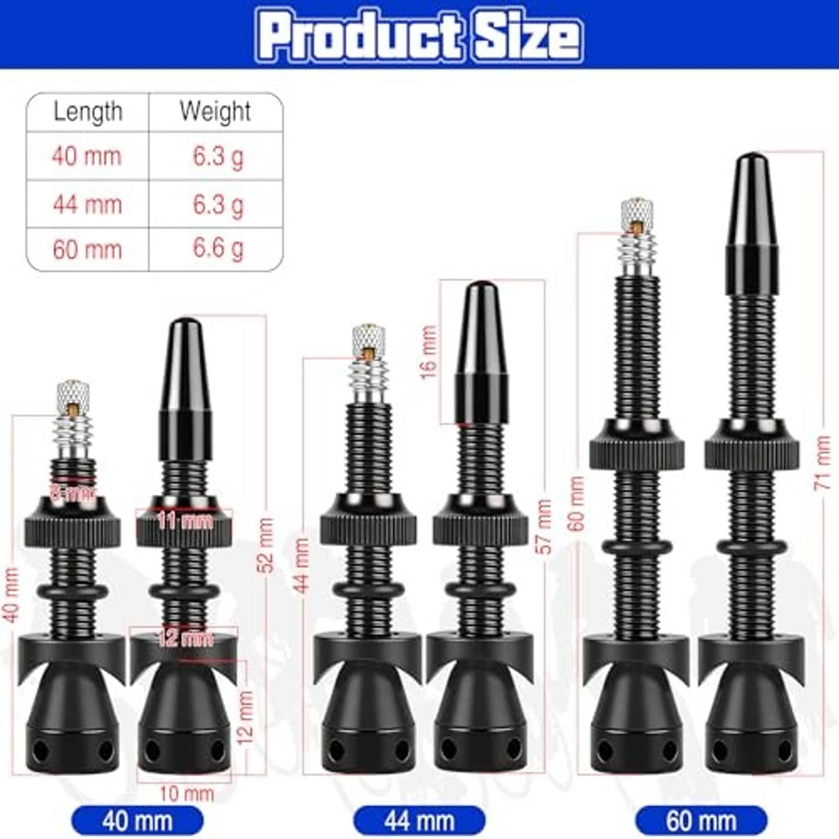 60mm Presta tubeless valve stems with black threaded body and protective caps, pair
