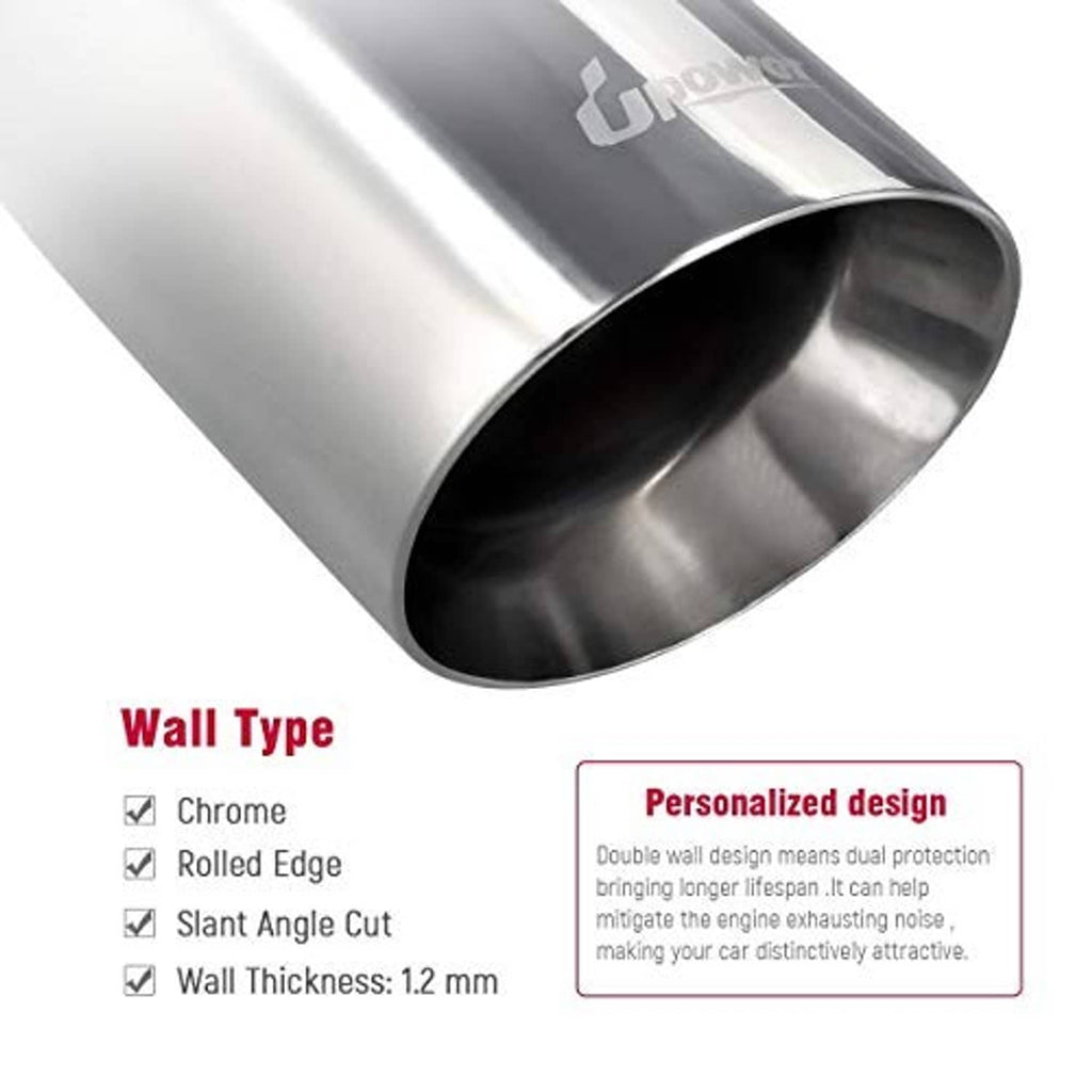 Mirror-polished stainless exhaust tip shown for wall type with rolled edge and slant cut