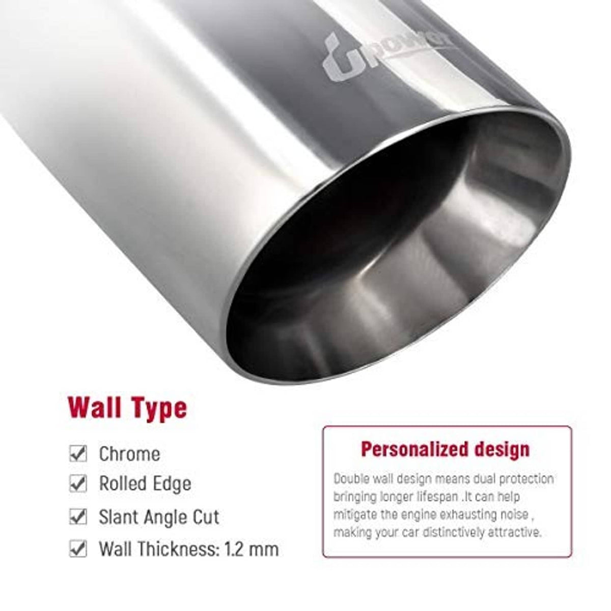 Mirror-polished stainless exhaust tip shown for wall type with rolled edge and slant cut