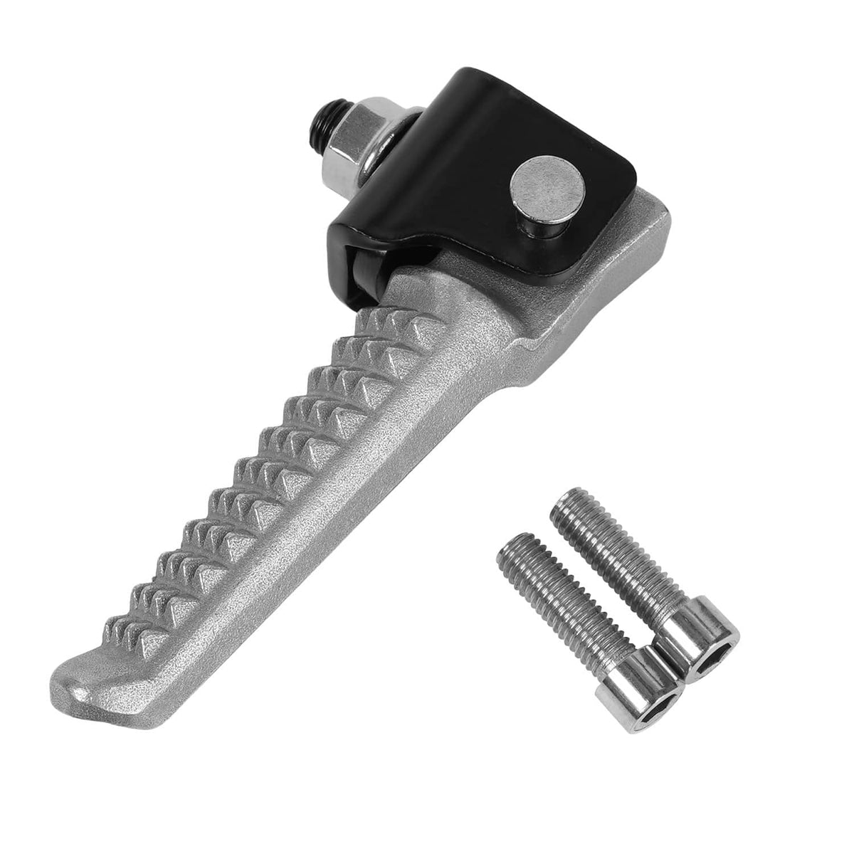 Rear passenger footrest peg set with textured silver bar, black mount, and bolts