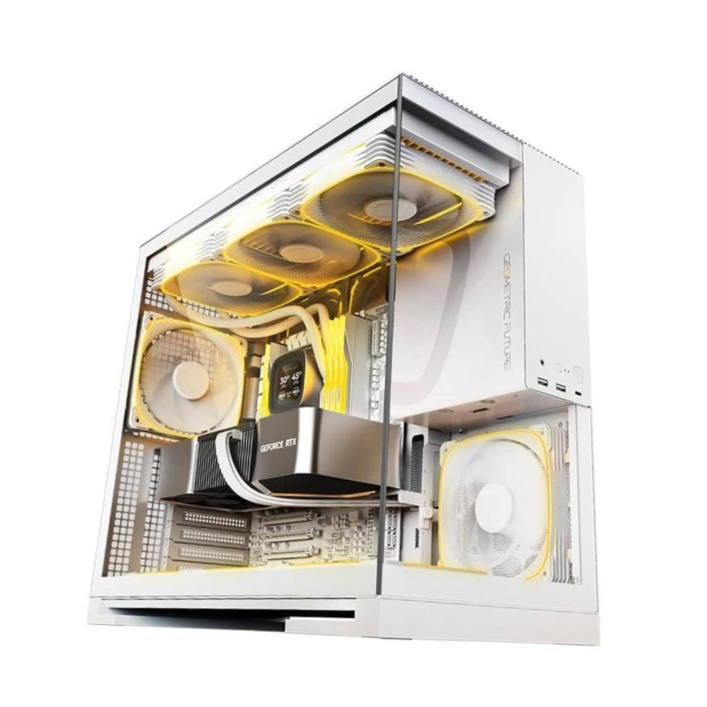 White tempered-glass mid-tower PC case with open side showing RGB fans and GPU space