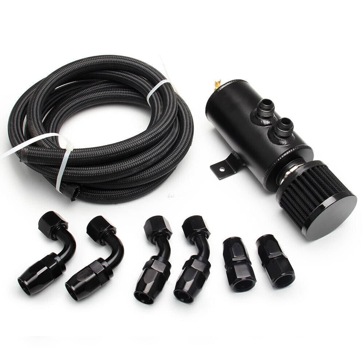 Black oil catch can reservoir tank with braided hose coil and multiple curved hose adapters
