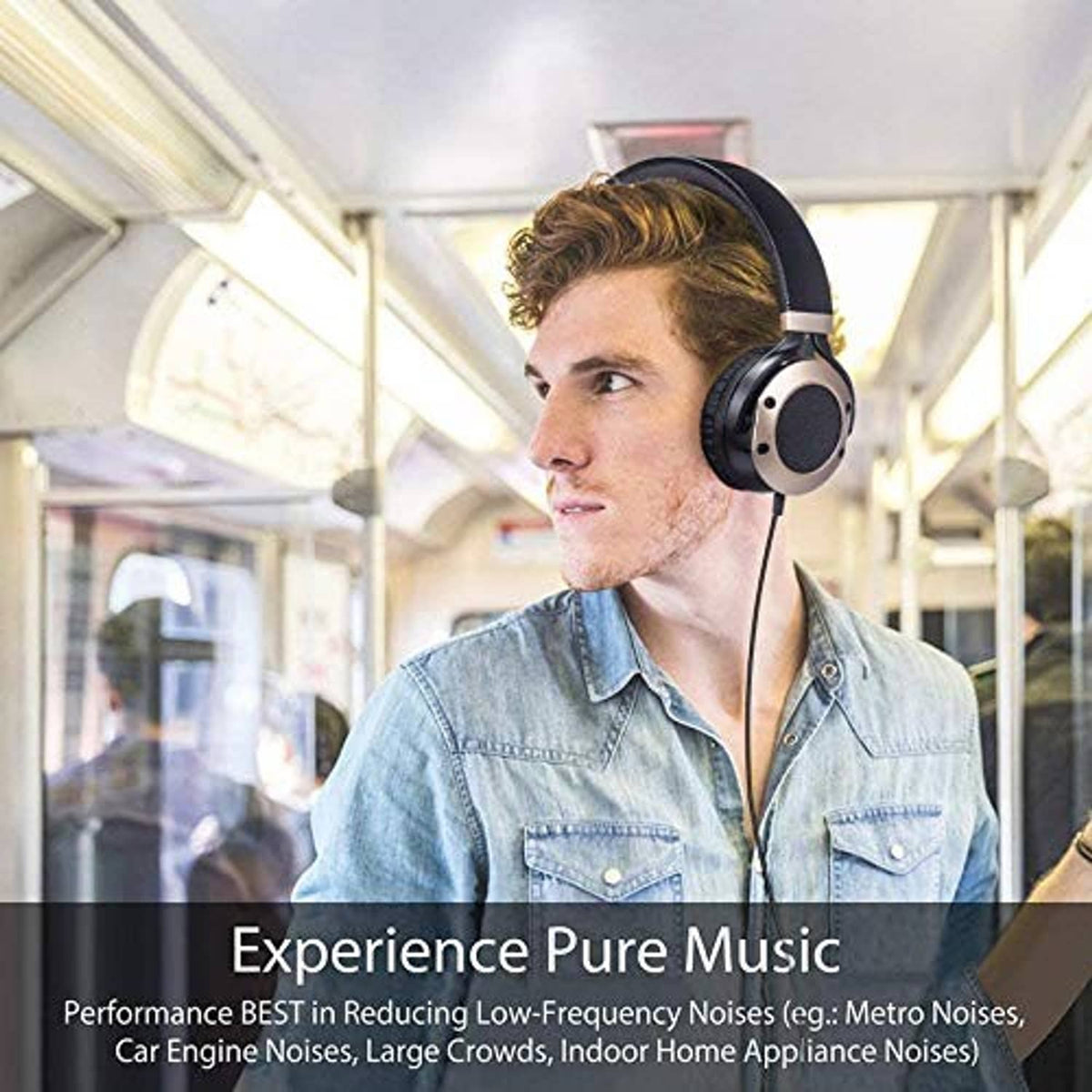 Over-ear headphones with cushioned pads and oval speaker grilles, worn by a person