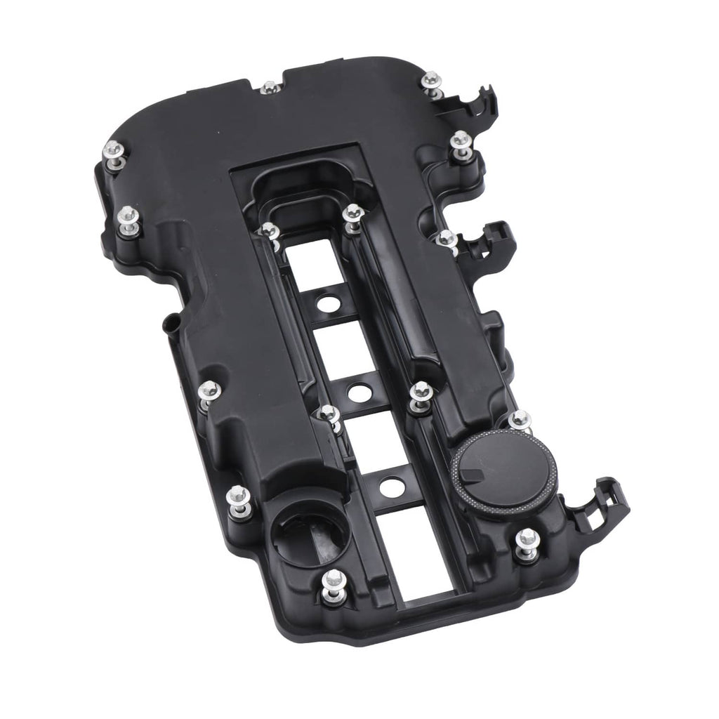 Black valve cover with gasket, oval cap detail and screw mounting points
