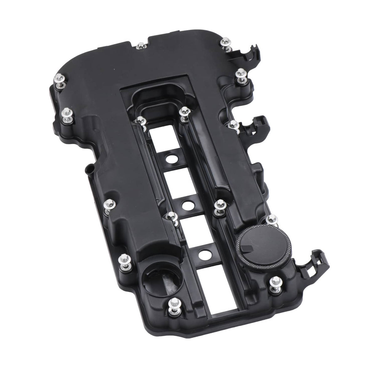 Black valve cover with gasket, oval cap detail and screw mounting points