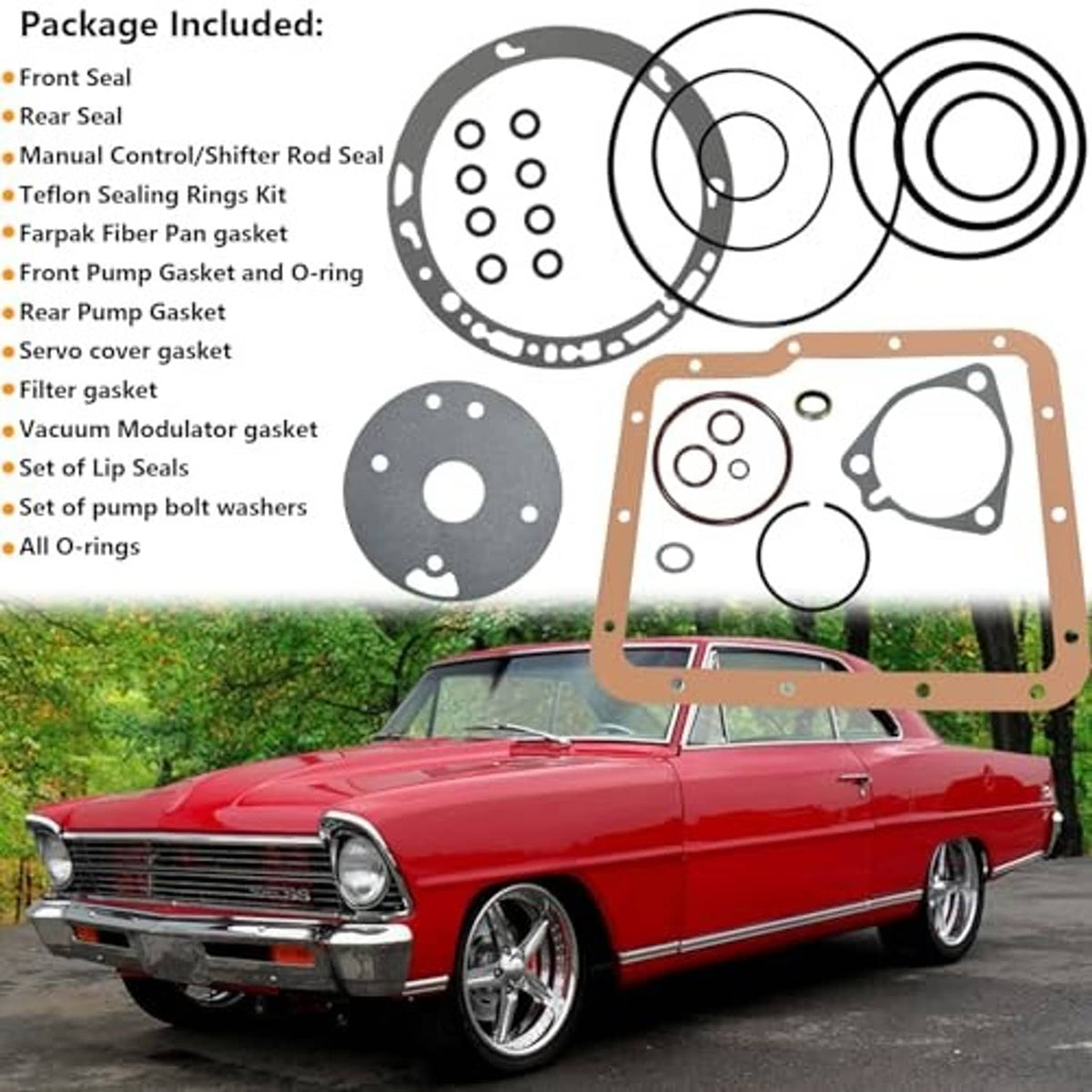 Transmission oil pan rebuild kit packaging with gasket pieces and seal O-rings shown